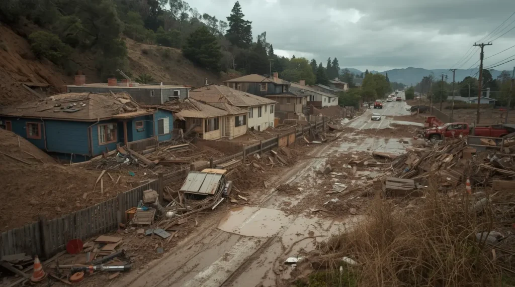 Damage Homes in California: Mudslides Ravage Roads & Towns