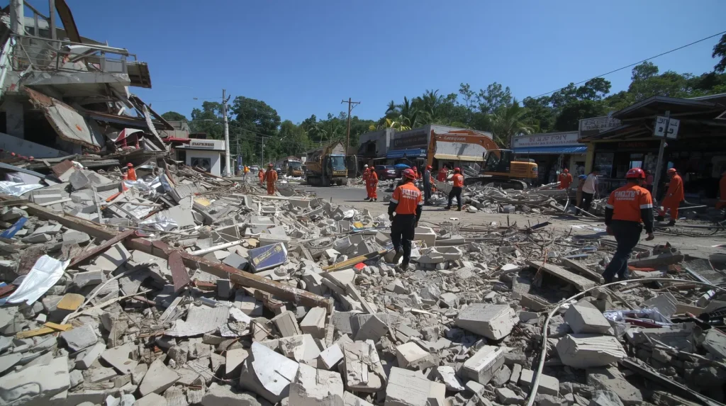 Aftermath of a strong earthquake showing destruction and rescue teams in action.
