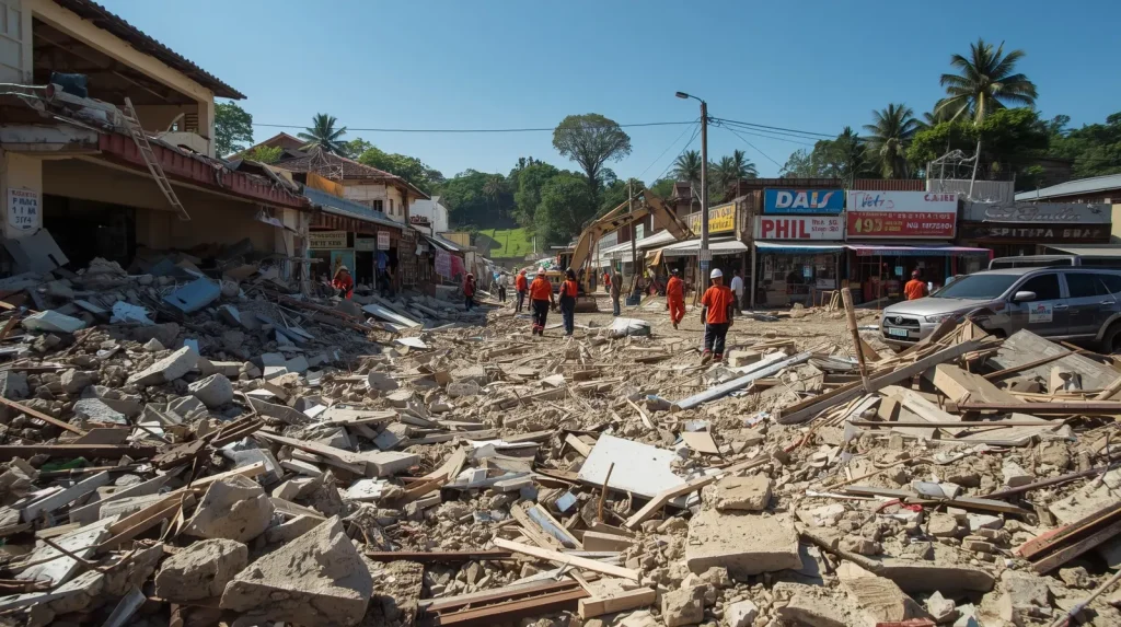 Cleanup and rescue operations after a strong earthquake in the Philippines.