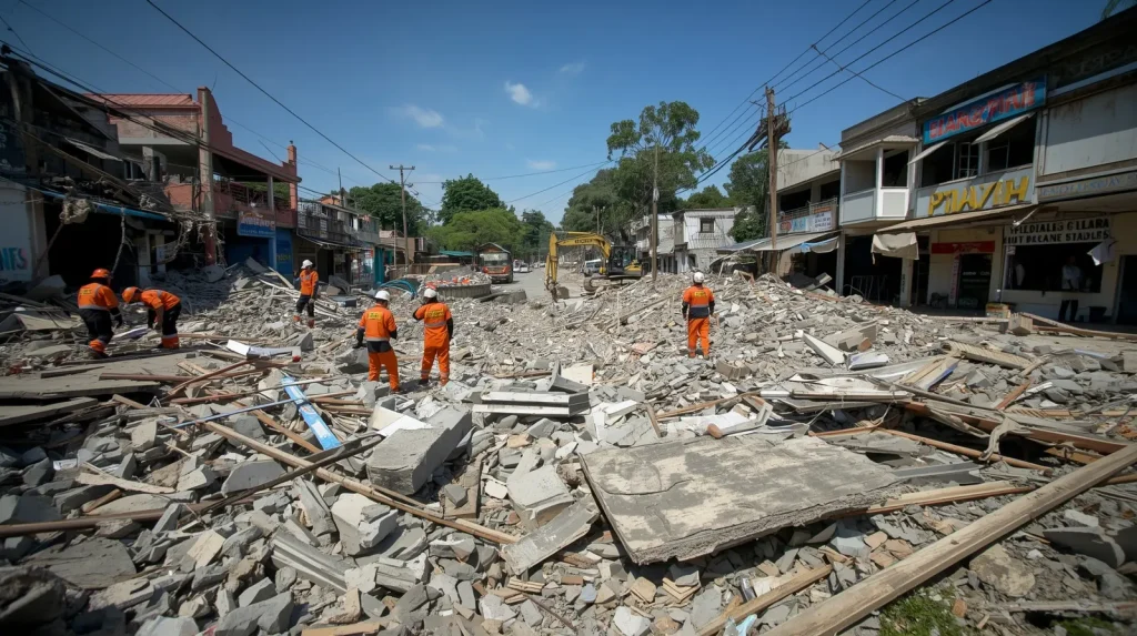 Rescue workers searching through rubble after a strong earthquake in the Philippines, with collapsed buildings and debris all around.